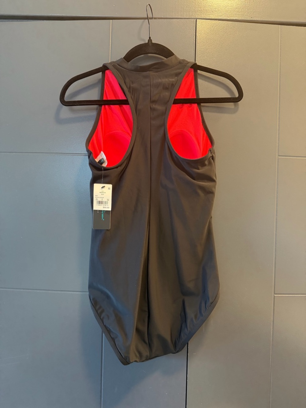 NWT Black One-Piece Swimsuit with Pink Lining and Front Zip - Picture 2 of 6